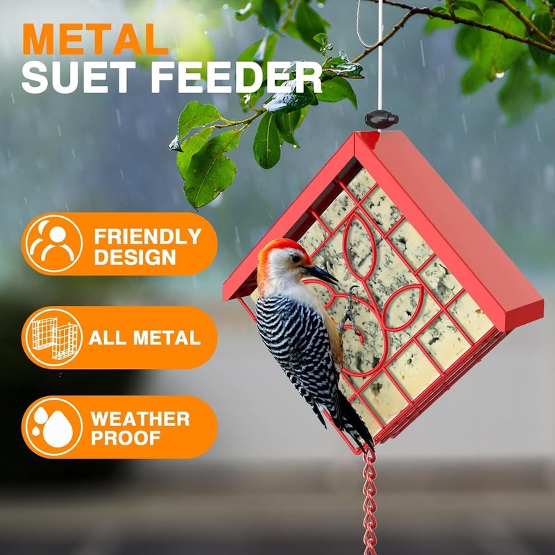 FlowaFoli Suet Bird Feeder, Metal Suet Feeder for Outside Hanging, Single Suet Cake Capacity, Fruit and Suet Feeder Style for Outside Hanging(Red) - Image 2